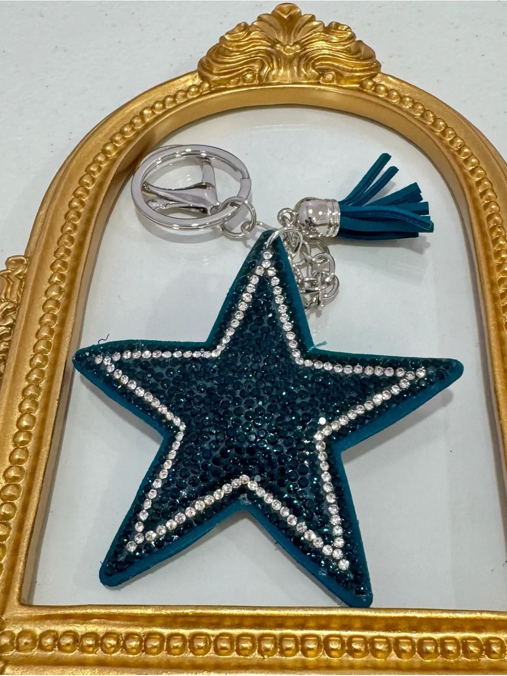 New Big Blue Star Crystal Keychain Charm with Tassel